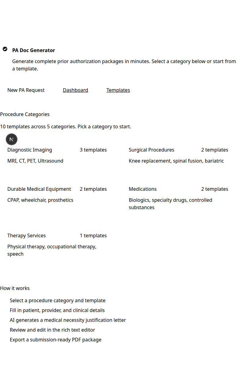 Template categories — Imaging, Surgery, DME, Medications, Therapy