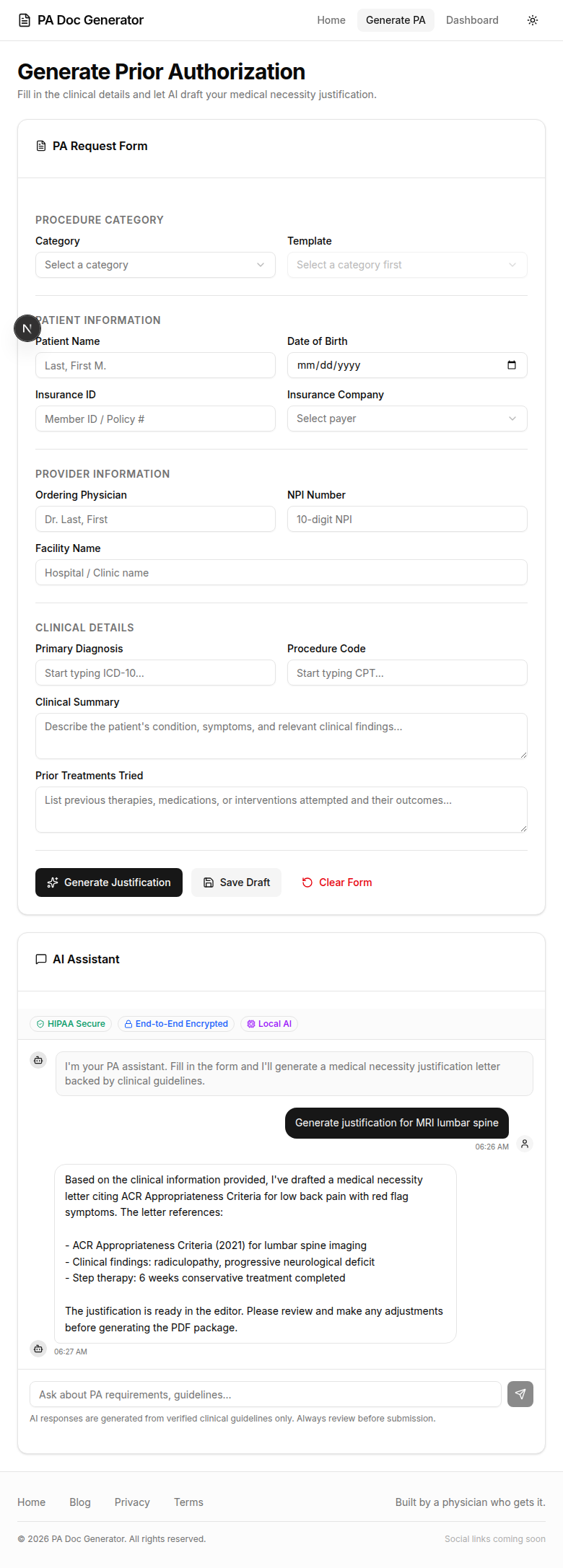 PA Doc Generator — AI-assisted form with clinical justification